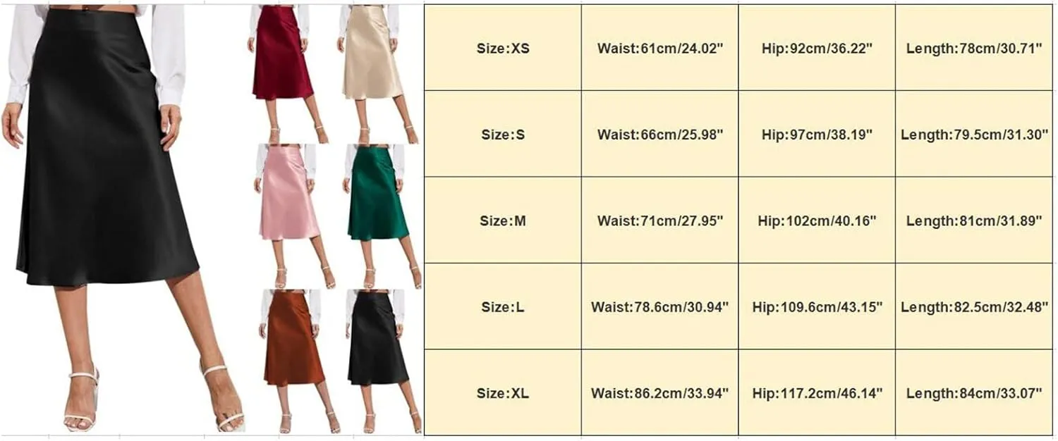 Womens High Waist Midi Skirt Casual Solid Versatile Satin Dress Fashion Elegant Knee Length Skirt Prom Party Skirts