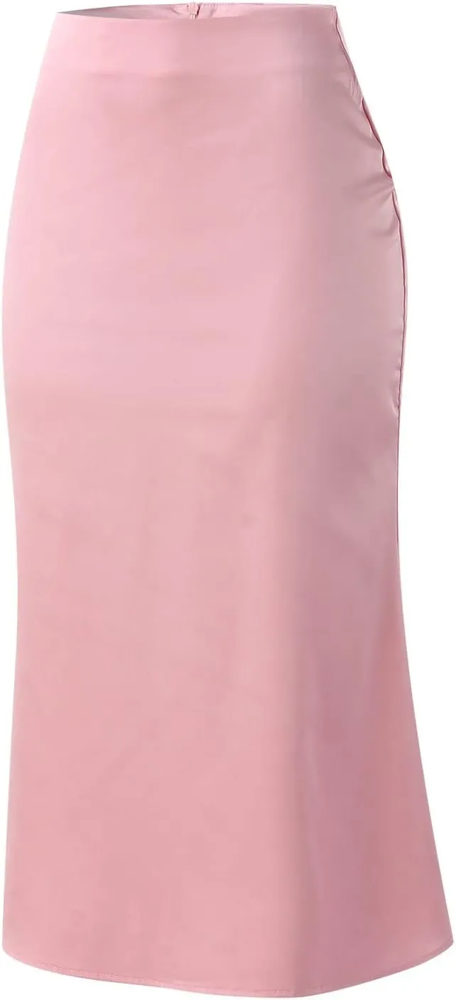 Womens High Waist Midi Skirt Casual Solid Versatile Satin Dress Fashion Elegant Knee Length Skirt Prom Party Skirts