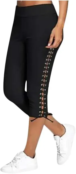 Women's High Waist Solid Lace Up Capri Pants Fashion Lightweight Breathable Straight Leg Cropped Trousers Cotton Soft Pant
