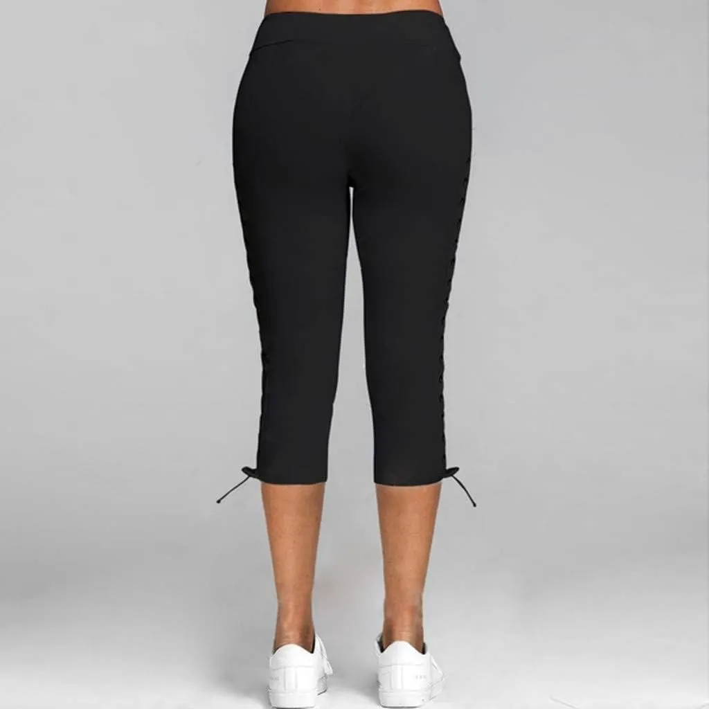 Women's High Waist Solid Lace Up Capri Pants Fashion Lightweight Breathable Straight Leg Cropped Trousers Cotton Soft Pant