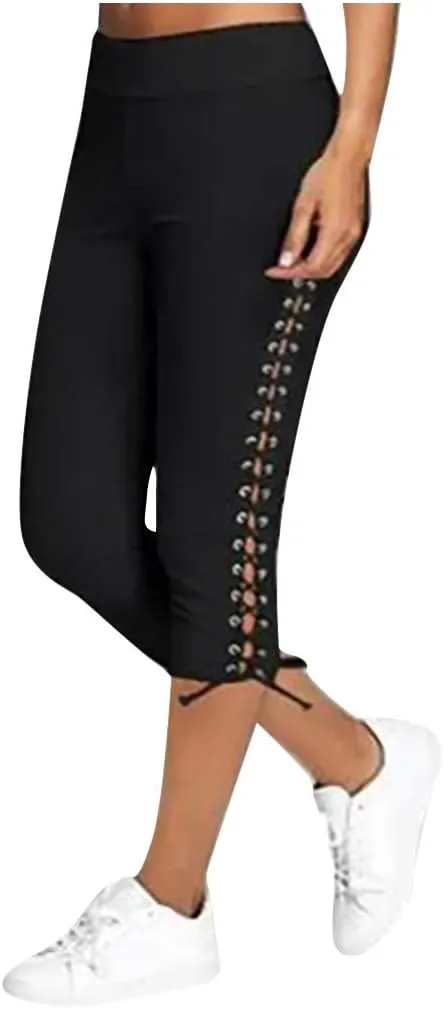 Women's High Waist Solid Lace Up Capri Pants Fashion Lightweight Breathable Straight Leg Cropped Trousers Cotton Soft Pant