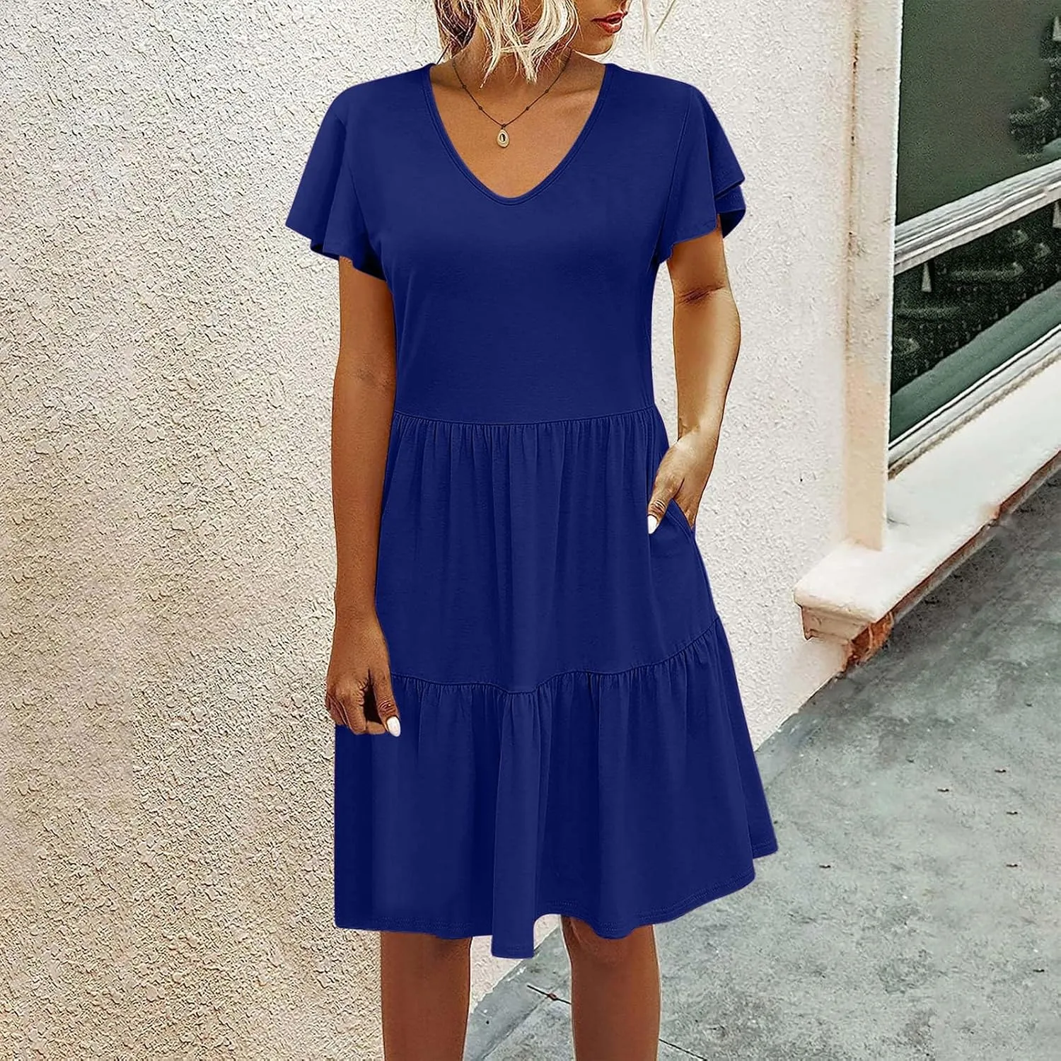 Womens Layered Dresses Ruffle Short Sleeve V Neck Dress Fashion Trending Swing Mini Dress A-Line Outfits