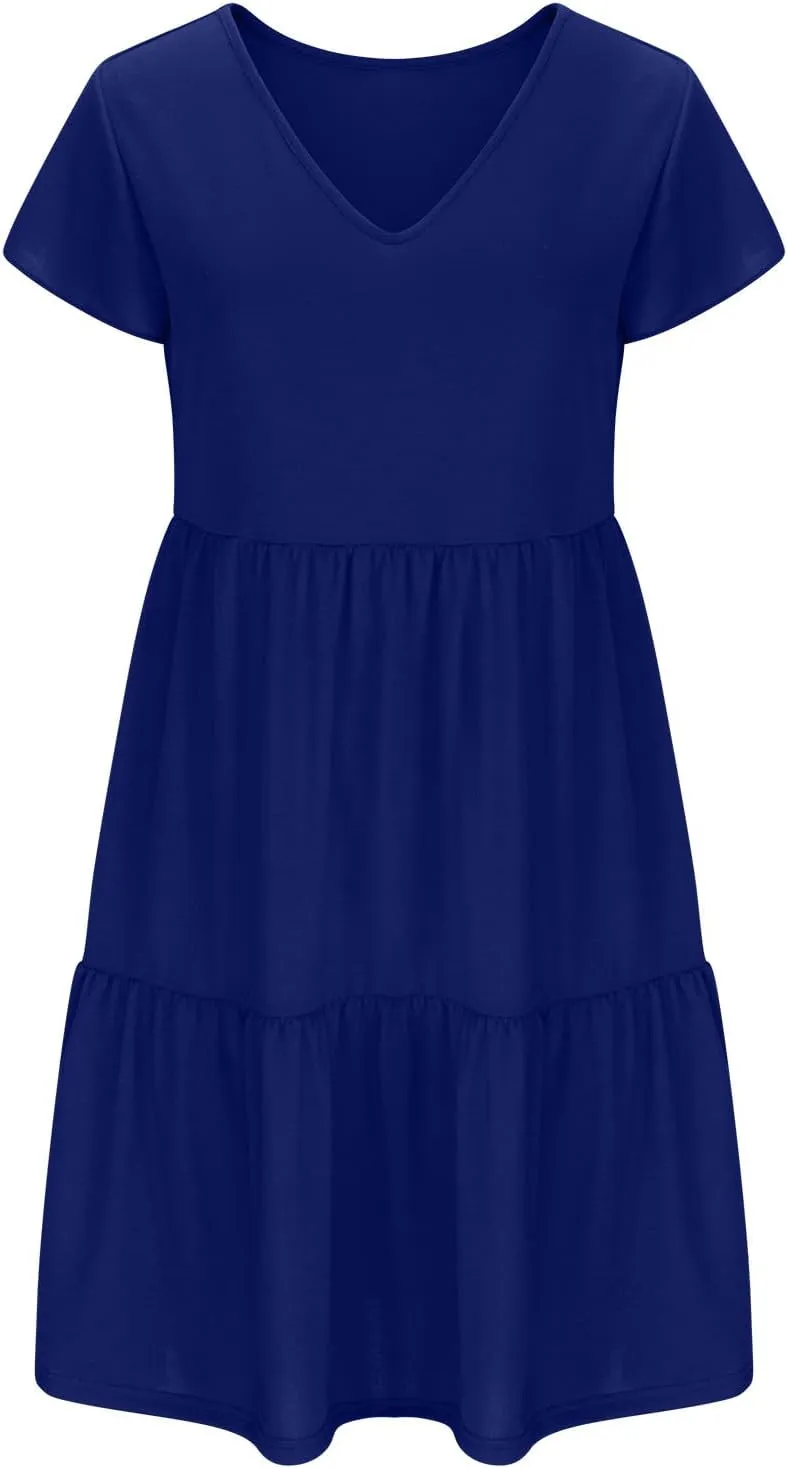 Womens Layered Dresses Ruffle Short Sleeve V Neck Dress Fashion Trending Swing Mini Dress A-Line Outfits