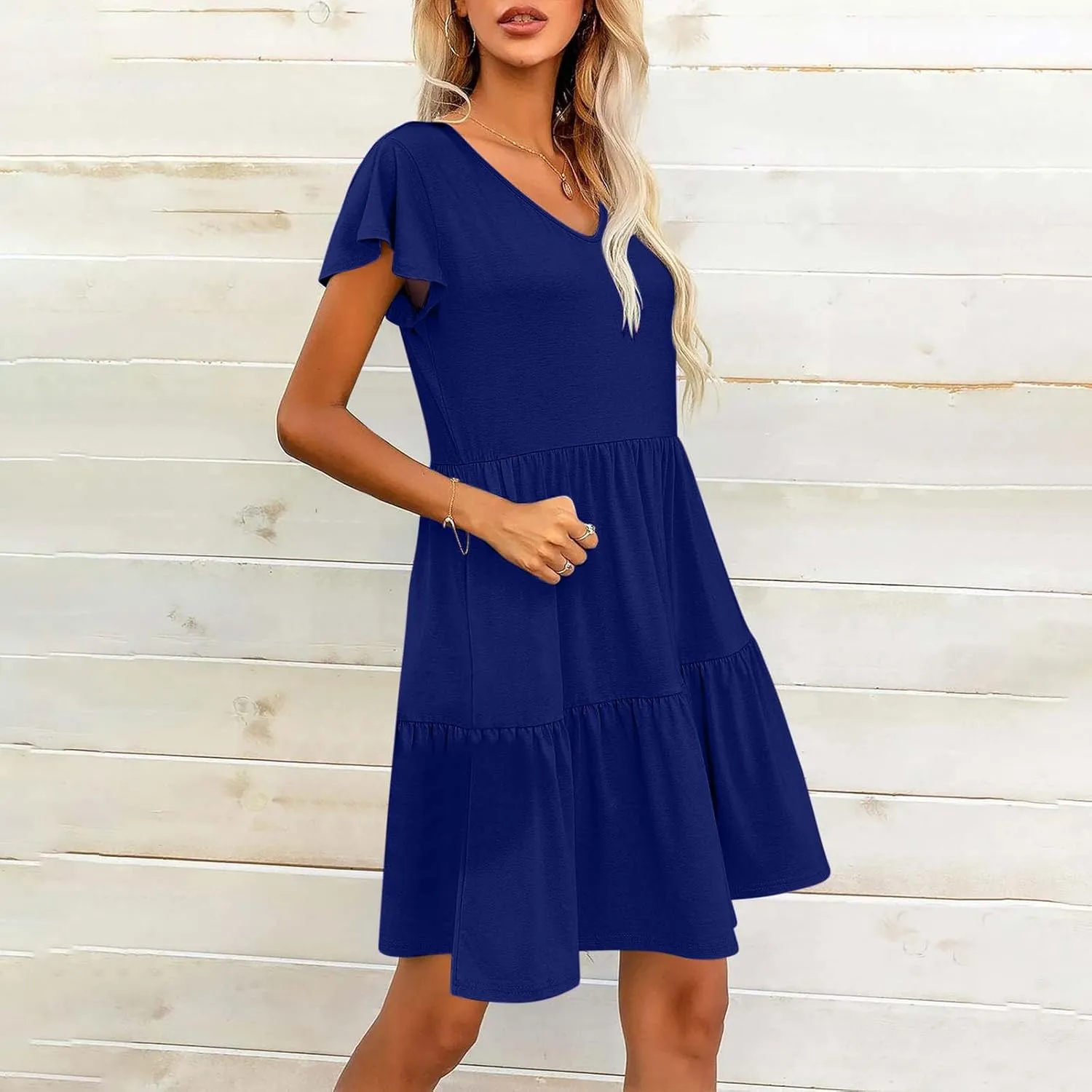 Womens Layered Dresses Ruffle Short Sleeve V Neck Dress Fashion Trending Swing Mini Dress A-Line Outfits