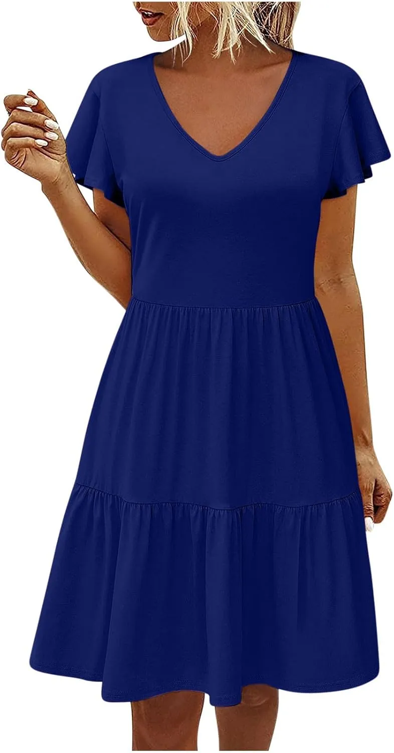 Womens Layered Dresses Ruffle Short Sleeve V Neck Dress Fashion Trending Swing Mini Dress A-Line Outfits