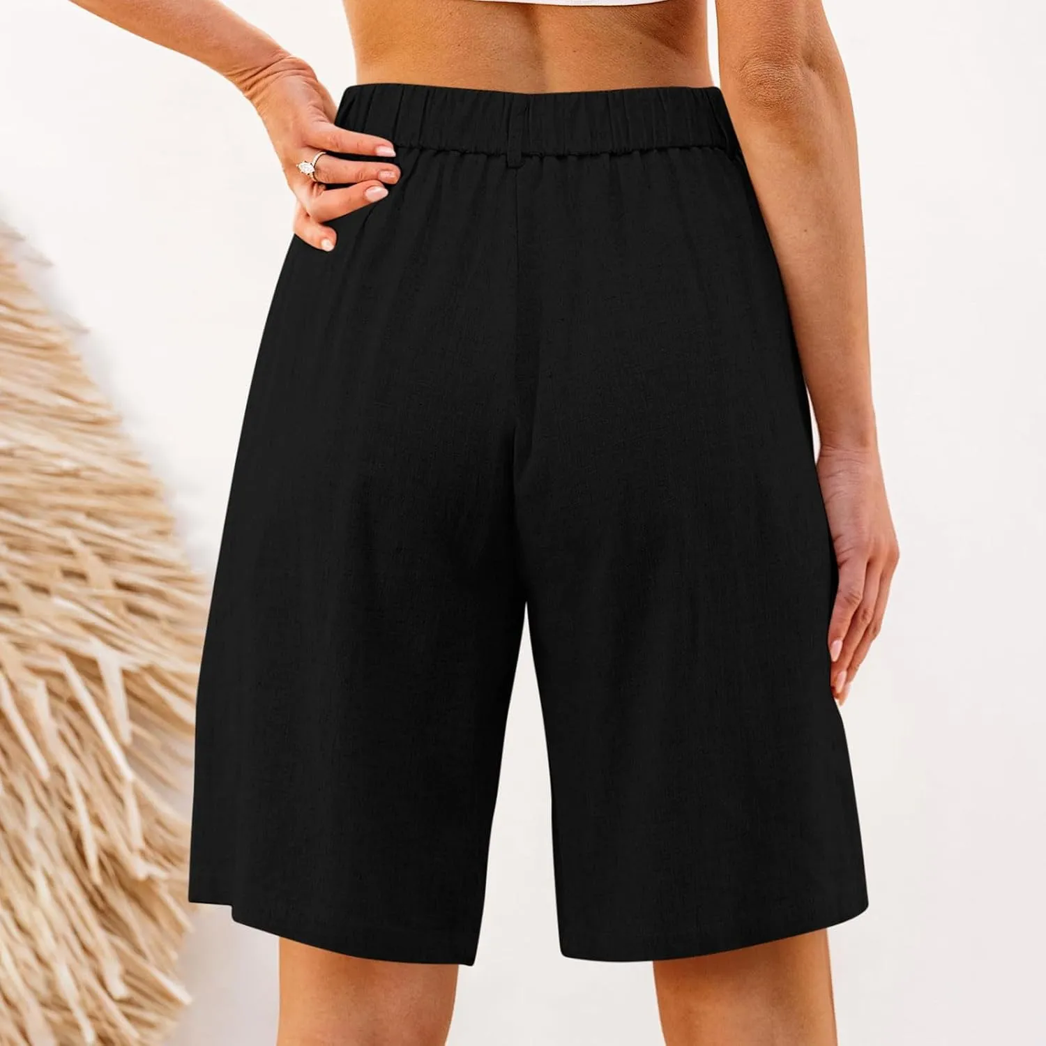 Women's Linen Shorts Summer Elastic High Waisted Wide Leg Bermuda Shorts Casual Loose Solid Color Jogger Short Pants