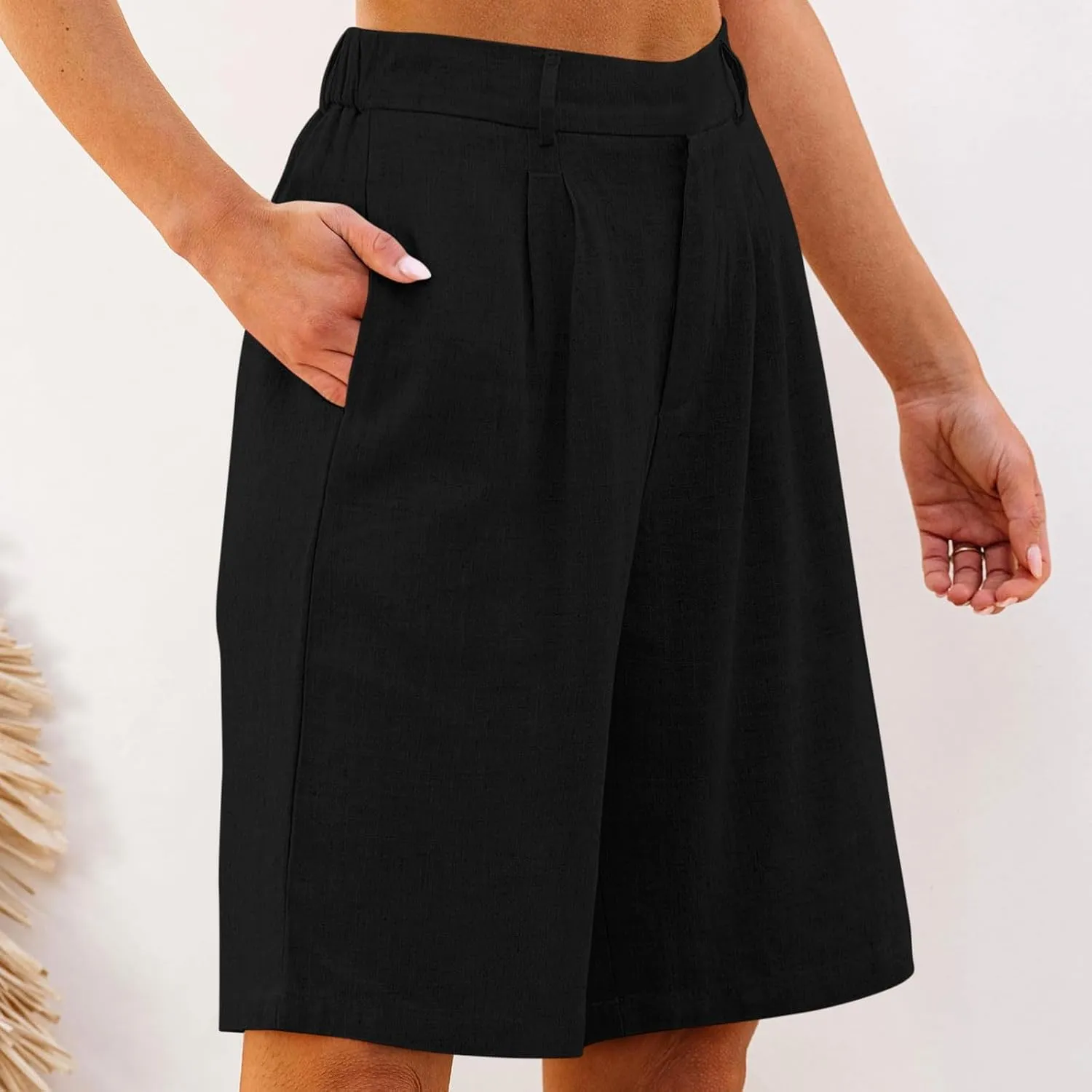 Women's Linen Shorts Summer Elastic High Waisted Wide Leg Bermuda Shorts Casual Loose Solid Color Jogger Short Pants