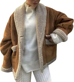 Women's Long Sleeve Oversized Sherpa Fleece Jacket With Cozy Stylish Winter Coat For Casual Wear Warm Outerwear