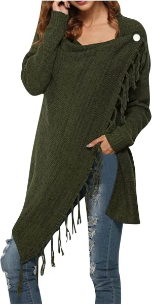 Womens Open Front Knitted Tassels Slash Loose Cardigan Fall Fashion Crew Neck Cover Up Soft Sweater Outwear Cloak