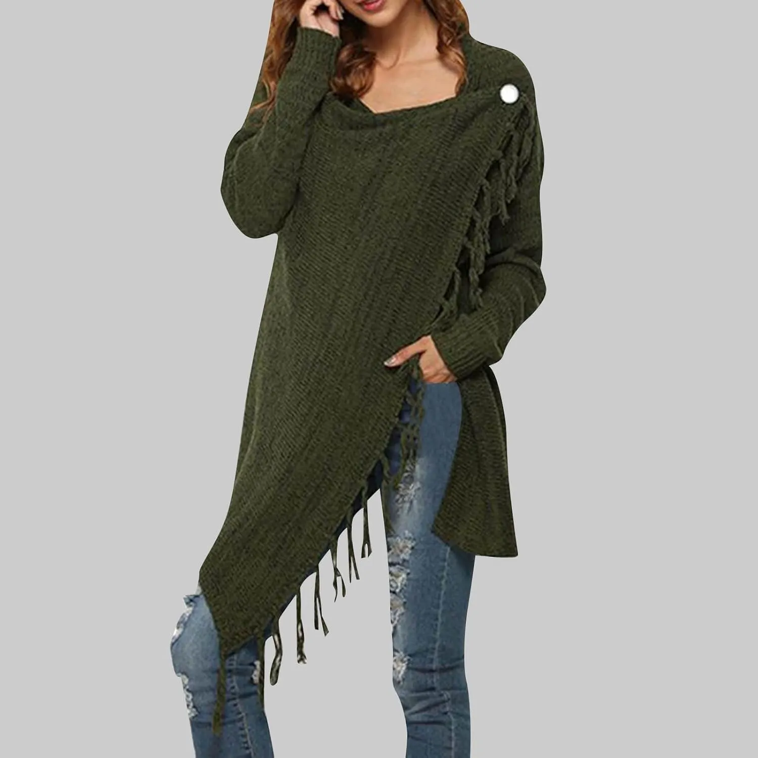 Womens Open Front Knitted Tassels Slash Loose Cardigan Fall Fashion Crew Neck Cover Up Soft Sweater Outwear Cloak