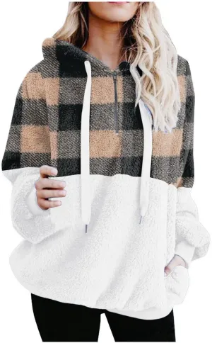 Womens Oversized Fuzzy Hoodie Winter Warm Sherpa Fleece Hooded Sweatshirts Cozy Zipper Fluffy Coat With Pockets
