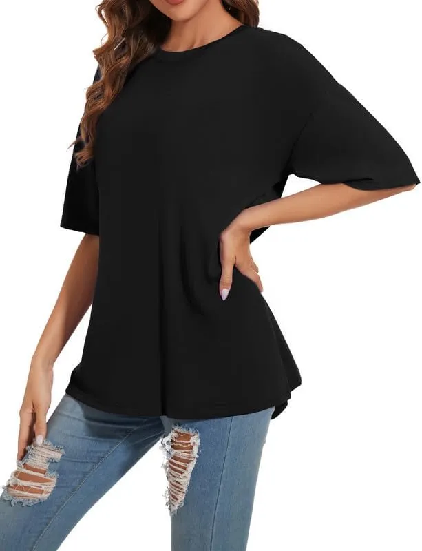 Women's Oversized T Shirts Round Neck Striped Tees Summer Half Sleeve Casual Comfy Cozy Cotton Tunic Tops