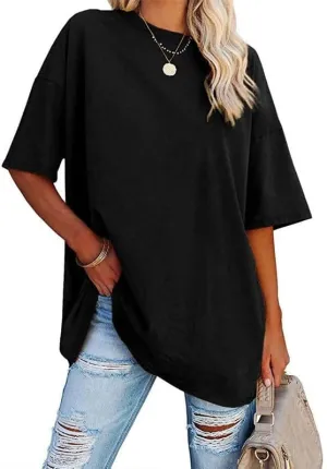 Women's Oversized T Shirts Round Neck Striped Tees Summer Half Sleeve Casual Comfy Cozy Cotton Tunic Tops