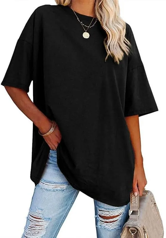 Women's Oversized T Shirts Round Neck Striped Tees Summer Half Sleeve Casual Comfy Cozy Cotton Tunic Tops
