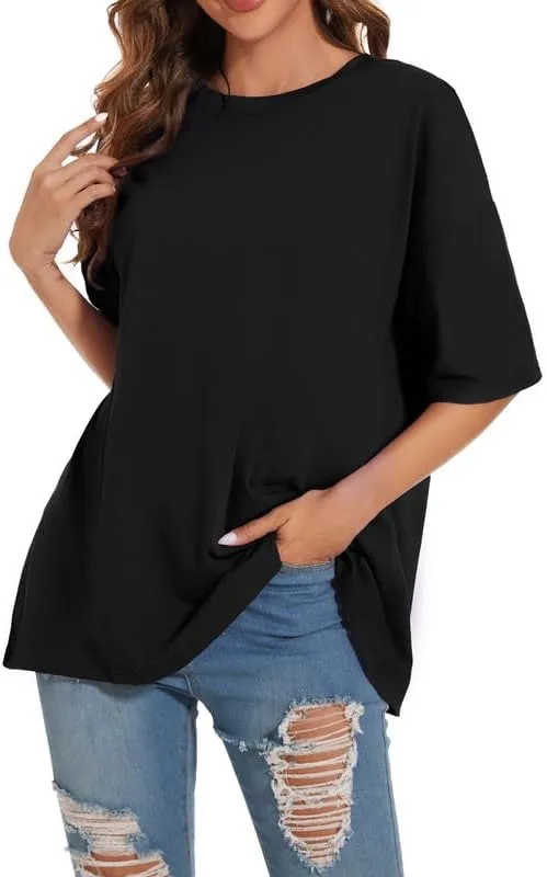 Women's Oversized T Shirts Round Neck Striped Tees Summer Half Sleeve Casual Comfy Cozy Cotton Tunic Tops