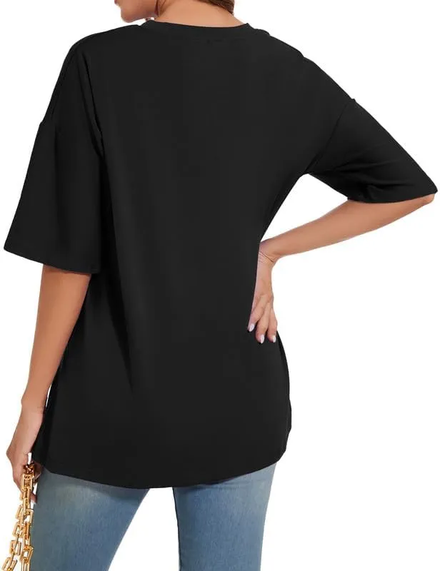 Women's Oversized T Shirts Round Neck Striped Tees Summer Half Sleeve Casual Comfy Cozy Cotton Tunic Tops