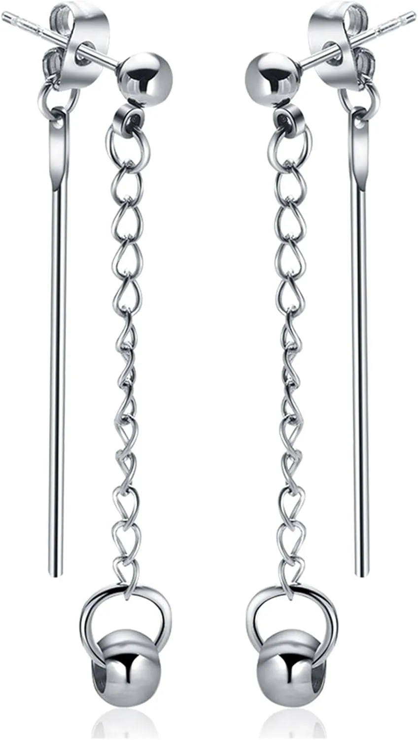 Womens Punk Rock Bar Earrings Stainless Steel Ball Stud Earrings Long Chain Dangle Drop Earrings