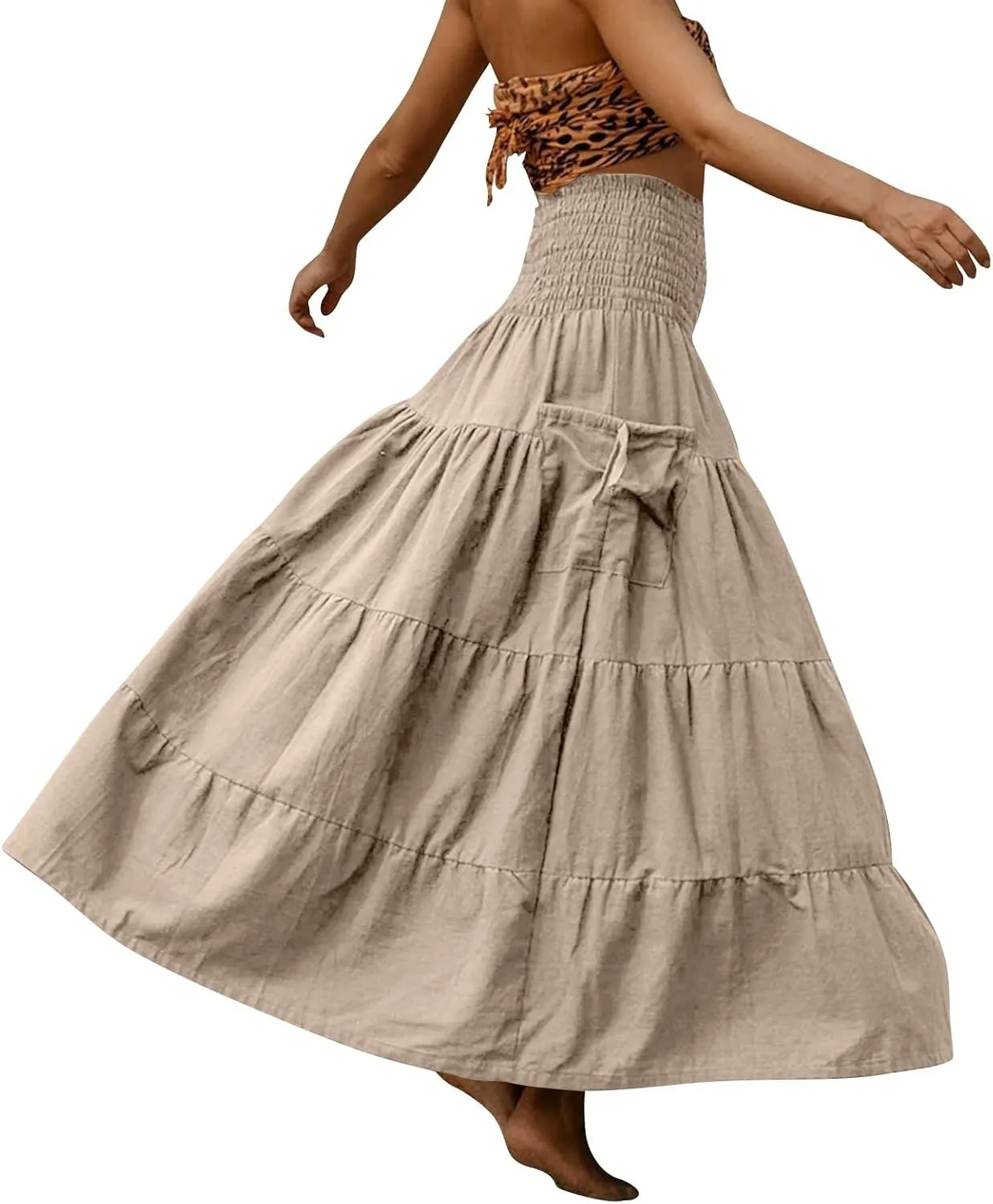 Women's Summer Maxi Skirt Elastic High Waist Solid Cotton Hippie Bohemian Skirts with Pockets, S-XL