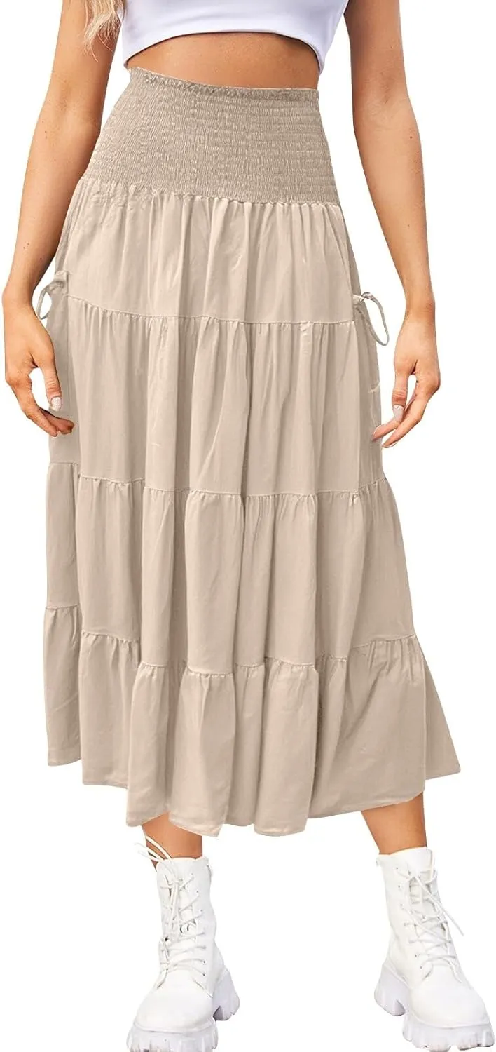 Women's Summer Maxi Skirt Elastic High Waist Solid Cotton Hippie Bohemian Skirts with Pockets, S-XL