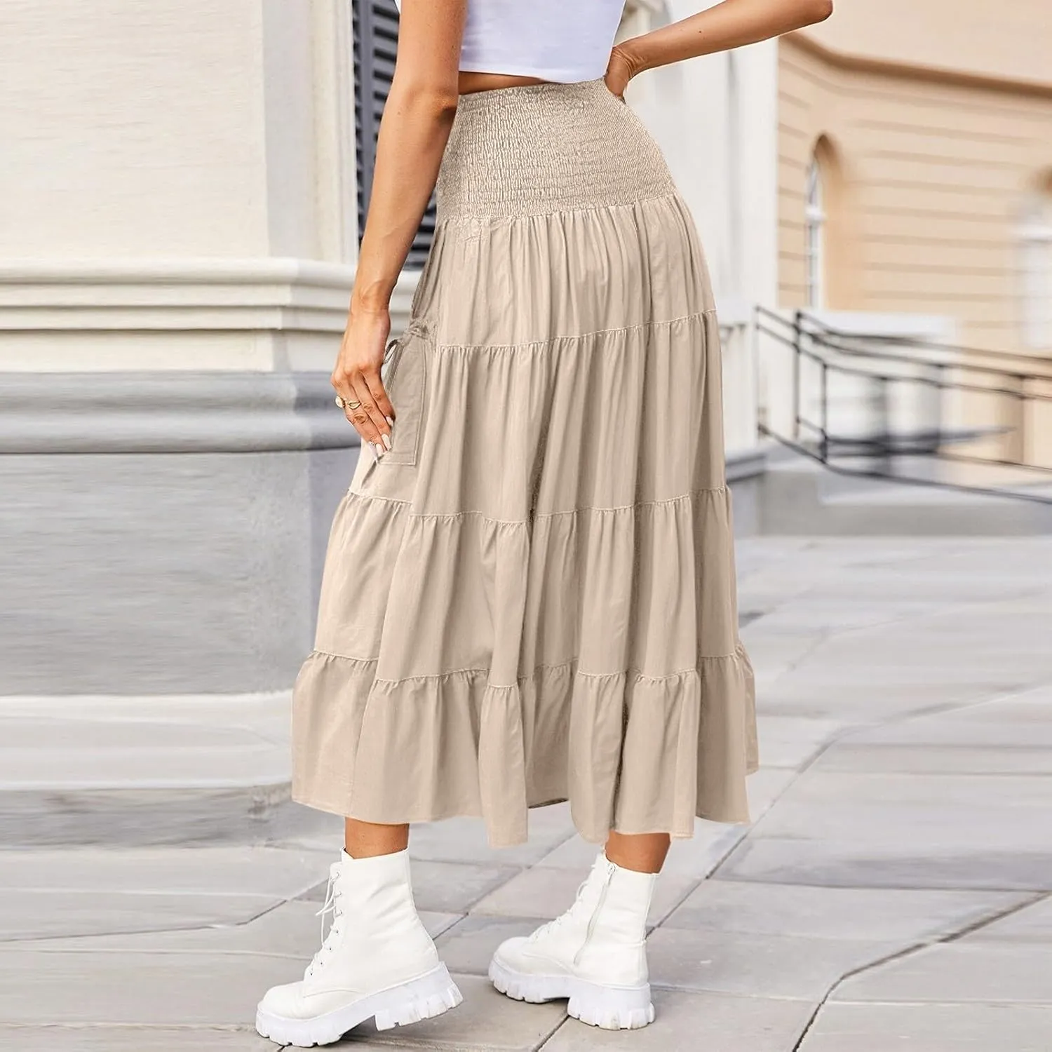 Women's Summer Maxi Skirt Elastic High Waist Solid Cotton Hippie Bohemian Skirts with Pockets, S-XL