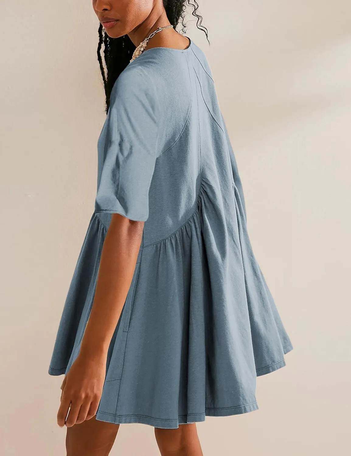 Womens Summer Mini Dress Casual Short Sleeve Loose V Neck Swing Sundress with Pocket