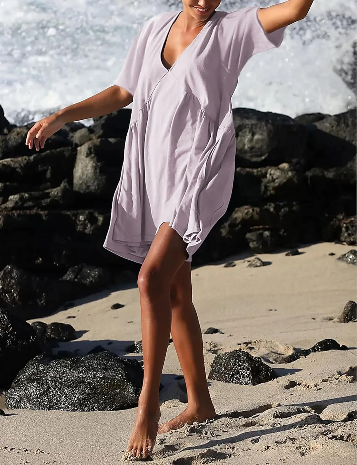 Womens Summer Mini Dress Casual Short Sleeve Loose V Neck Swing Sundress with Pocket