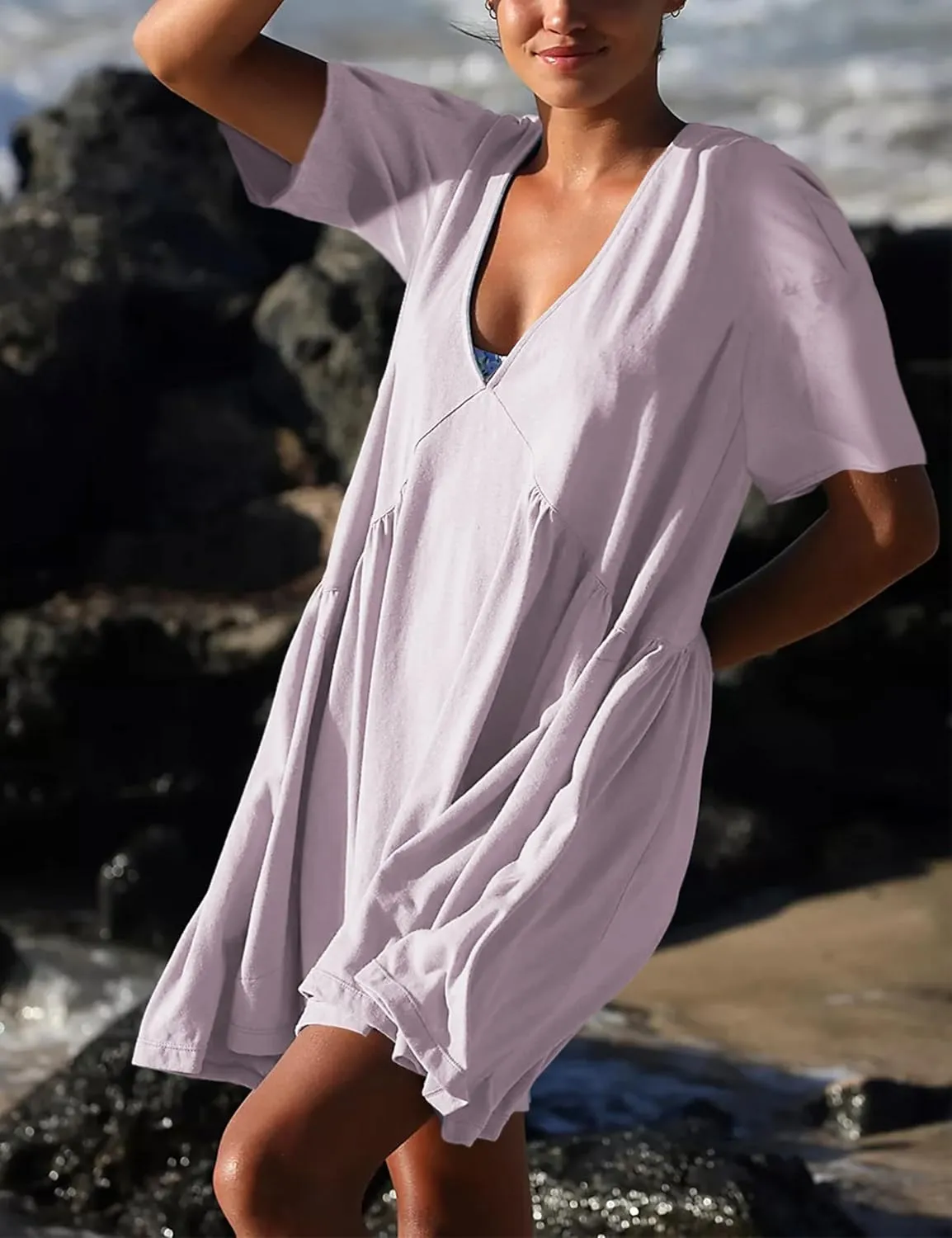 Womens Summer Mini Dress Casual Short Sleeve Loose V Neck Swing Sundress with Pocket