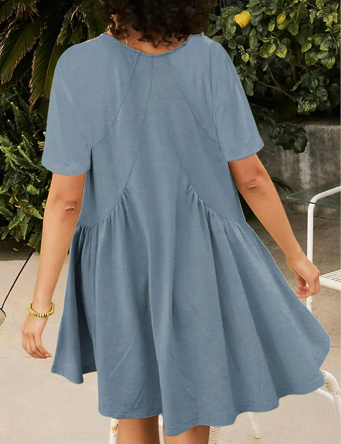 Womens Summer Mini Dress Casual Short Sleeve Loose V Neck Swing Sundress with Pocket