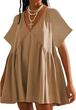 Womens Summer Mini Dress Casual Short Sleeve Loose V Neck Swing Sundress with Pocket