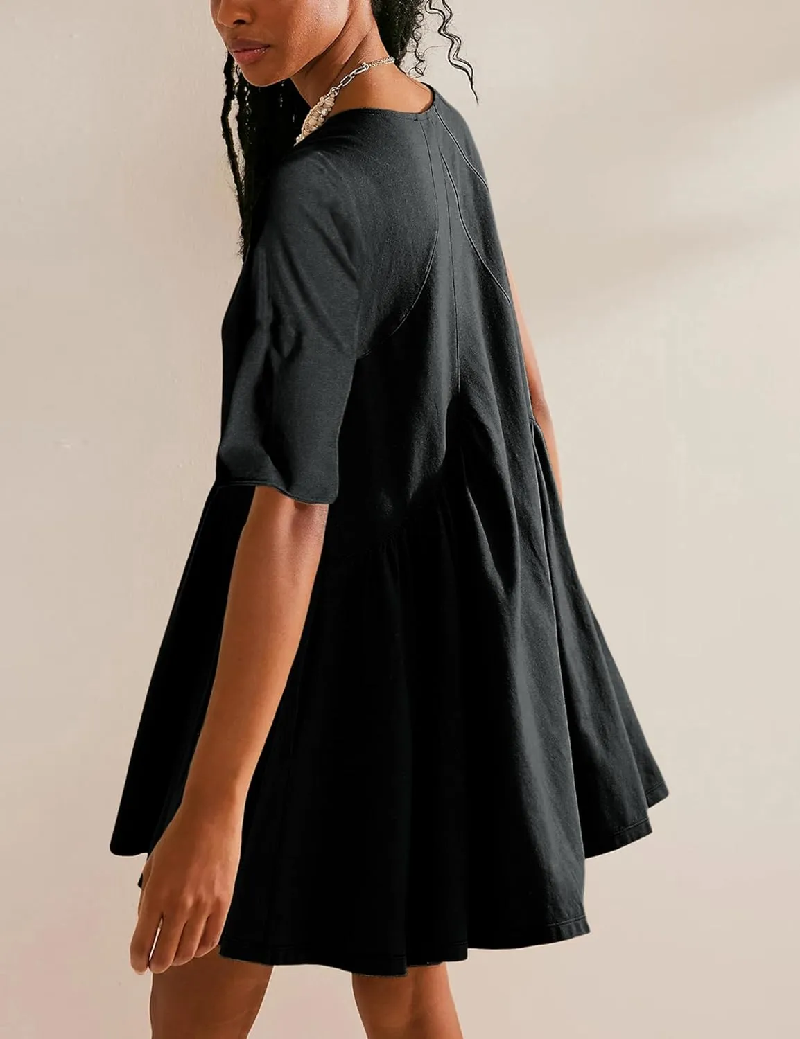 Womens Summer Mini Dress Casual Short Sleeve Loose V Neck Swing Sundress with Pocket