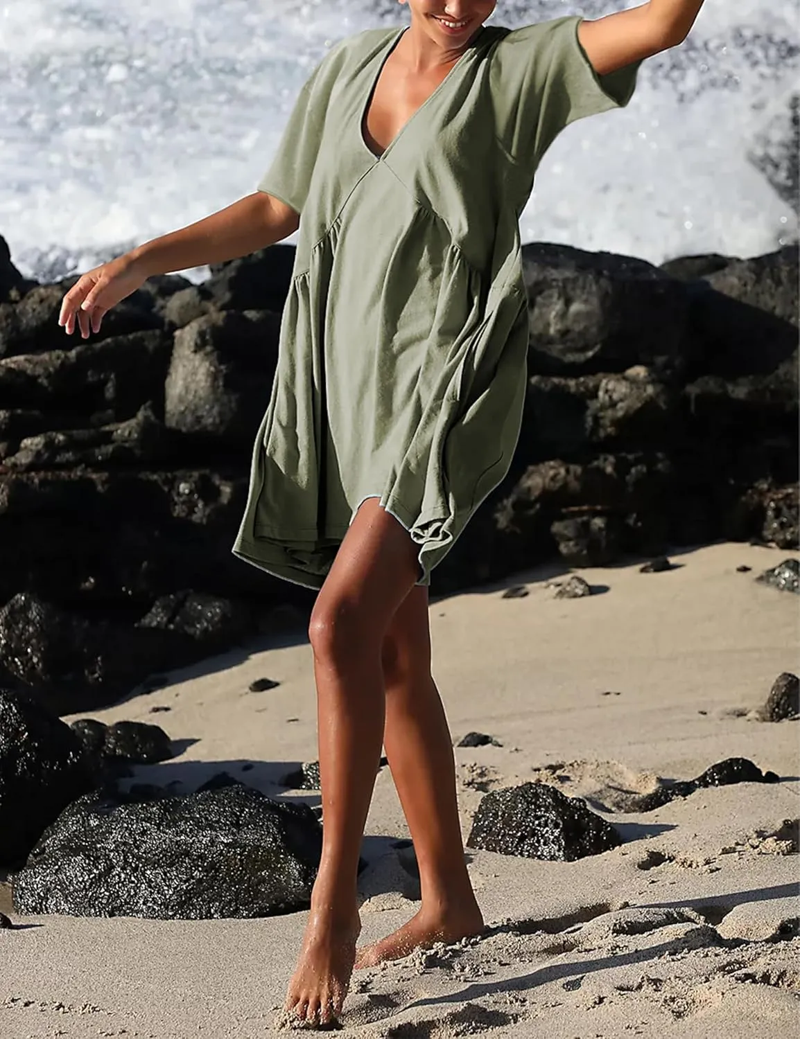Womens Summer Mini Dress Casual Short Sleeve Loose V Neck Swing Sundress with Pocket