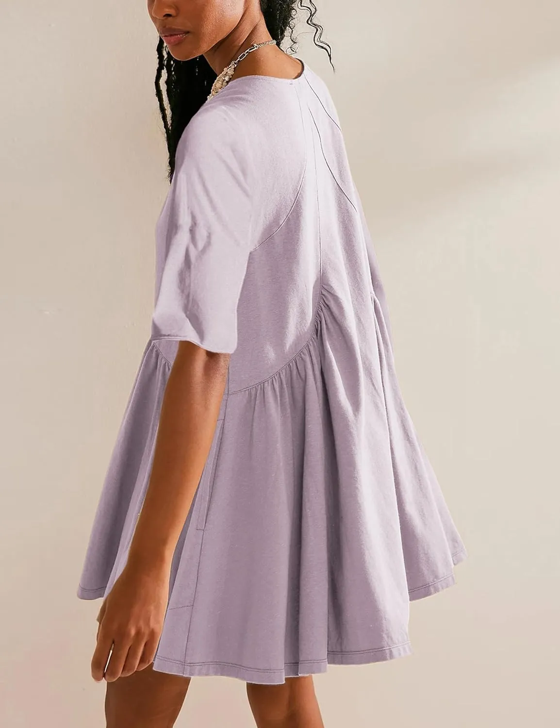 Womens Summer Mini Dress Casual Short Sleeve Loose V Neck Swing Sundress with Pocket