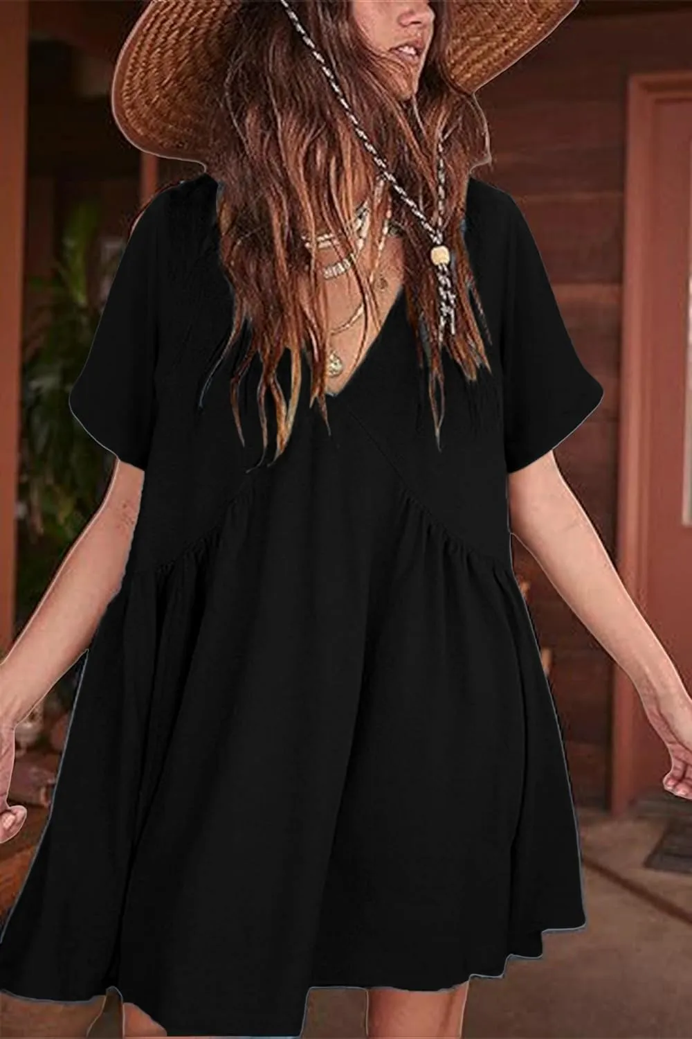Womens Summer Mini Dress Casual Short Sleeve Loose V Neck Swing Sundress with Pocket
