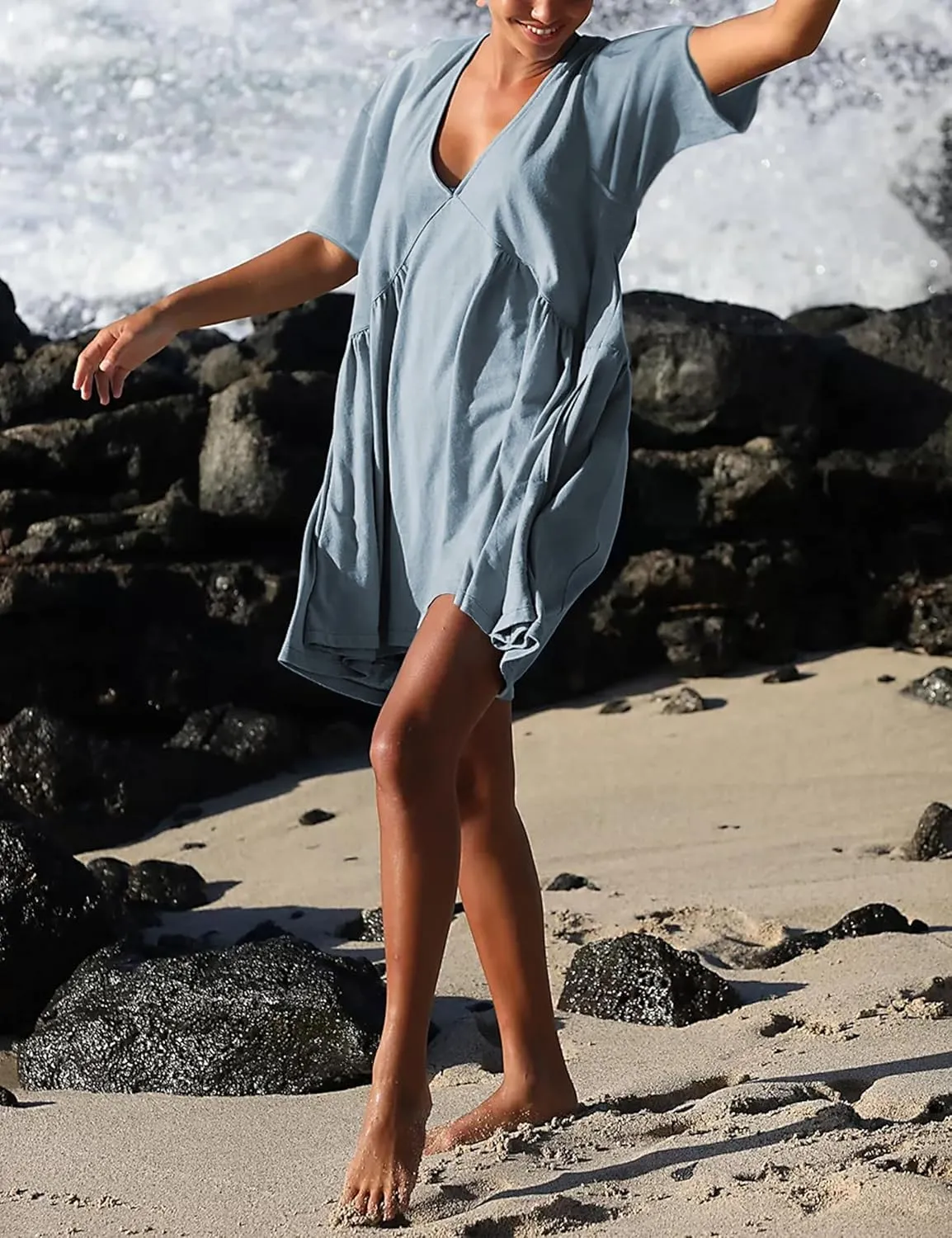 Womens Summer Mini Dress Casual Short Sleeve Loose V Neck Swing Sundress with Pocket