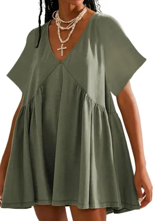 Womens Summer Mini Dress Casual Short Sleeve Loose V Neck Swing Sundress with Pocket