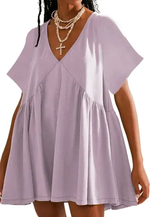 Womens Summer Mini Dress Casual Short Sleeve Loose V Neck Swing Sundress with Pocket