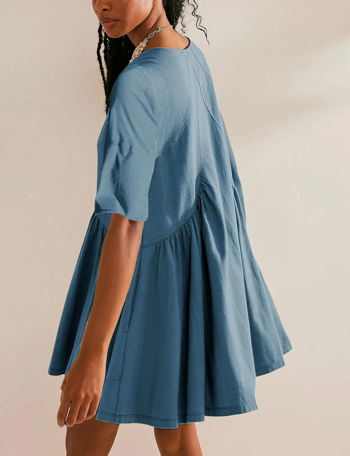 Womens Summer Mini Dress Casual Short Sleeve Loose V Neck Swing Sundress with Pocket