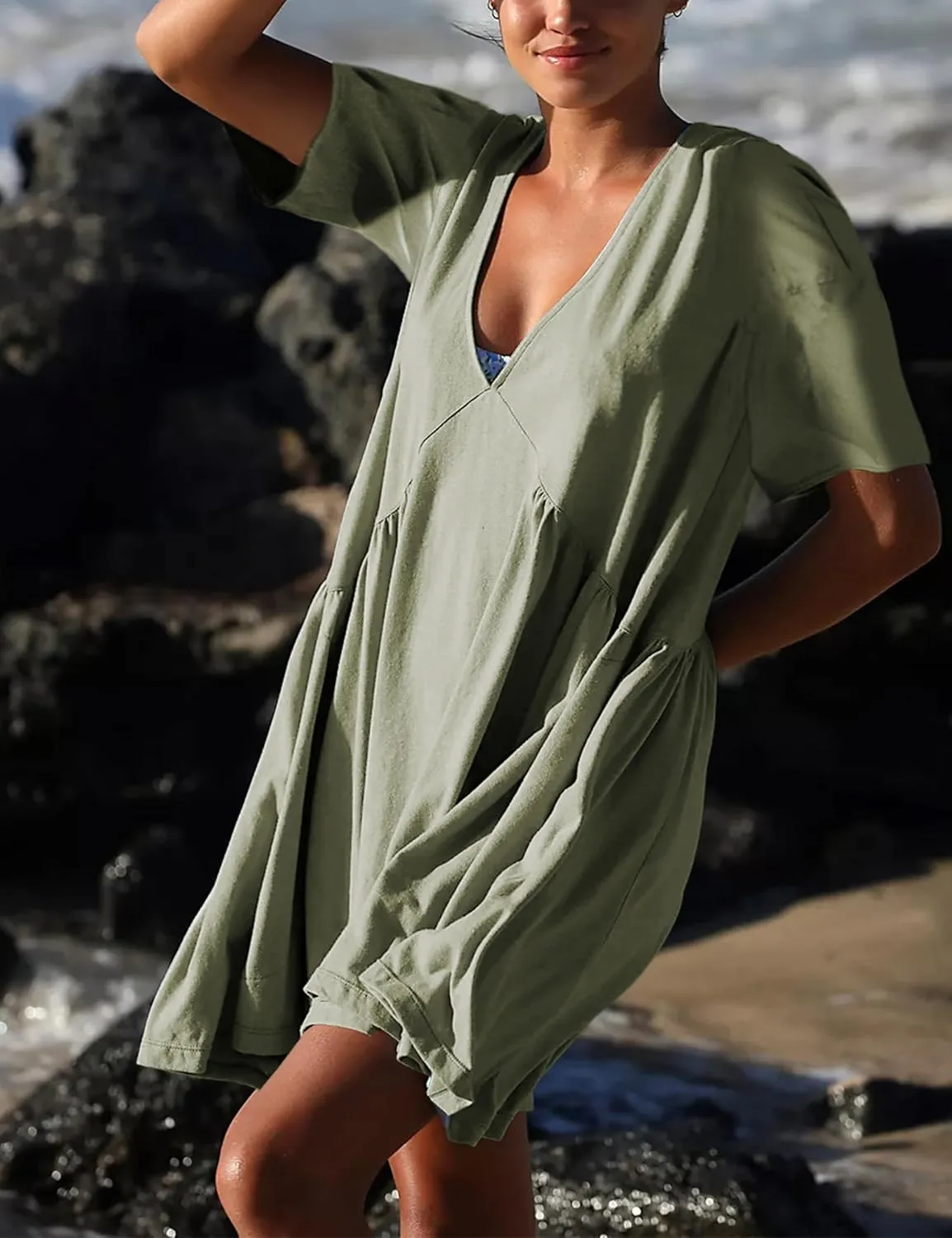 Womens Summer Mini Dress Casual Short Sleeve Loose V Neck Swing Sundress with Pocket