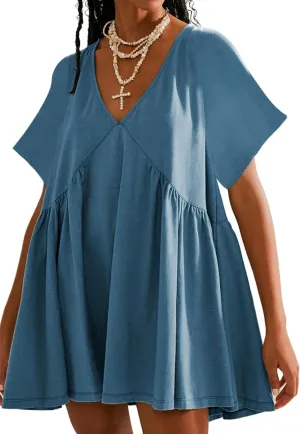 Womens Summer Mini Dress Casual Short Sleeve Loose V Neck Swing Sundress with Pocket