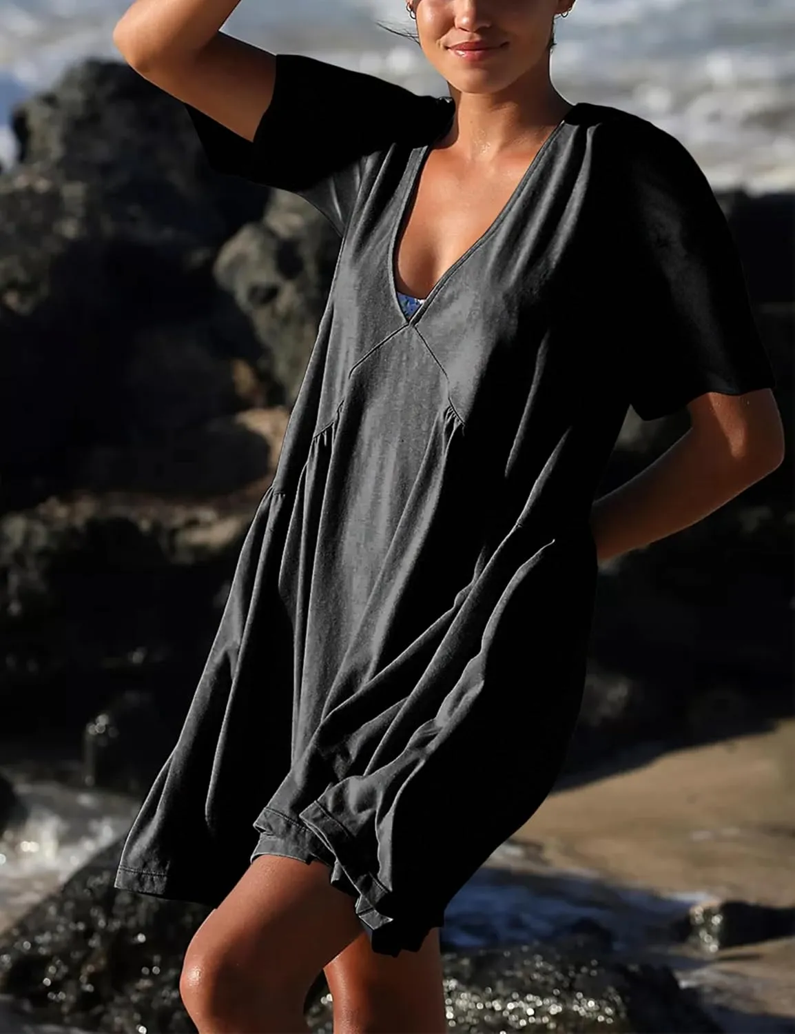 Womens Summer Mini Dress Casual Short Sleeve Loose V Neck Swing Sundress with Pocket