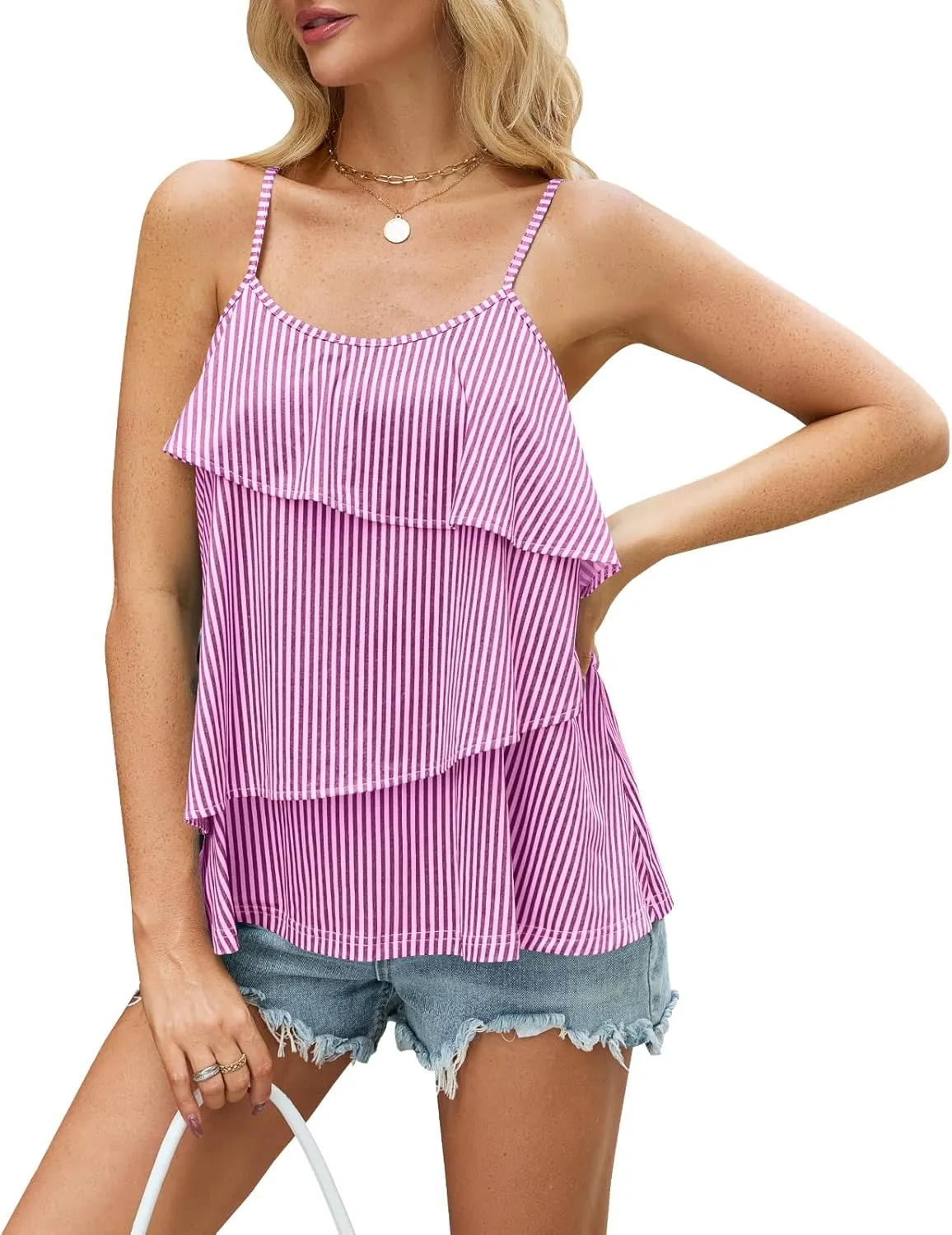 Womens Tank Tops Striped Camisole Ruffle Trendy Summer Off Shoulder Cami Tops 2025 Fashion Beach Vacation Clothes