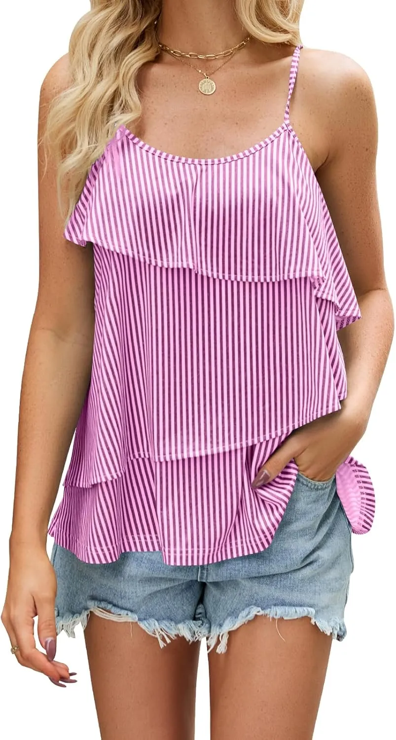 Womens Tank Tops Striped Camisole Ruffle Trendy Summer Off Shoulder Cami Tops 2025 Fashion Beach Vacation Clothes