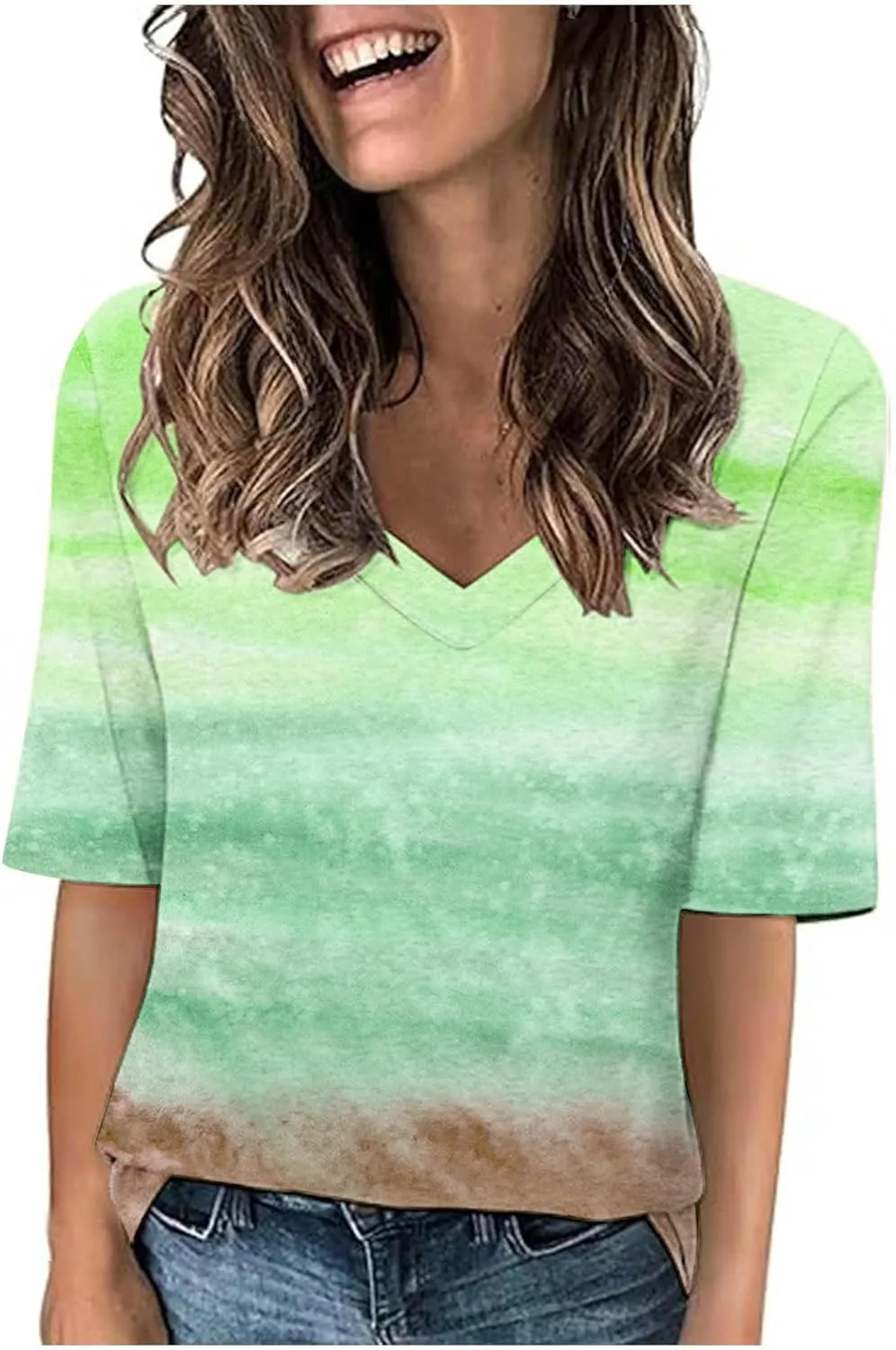 Womens V Neck Gradient Half Sleeve Tops and Blouses Pink and Blue Tie Dyed Shirts 2025 Spring Summer Cute Basic Tees