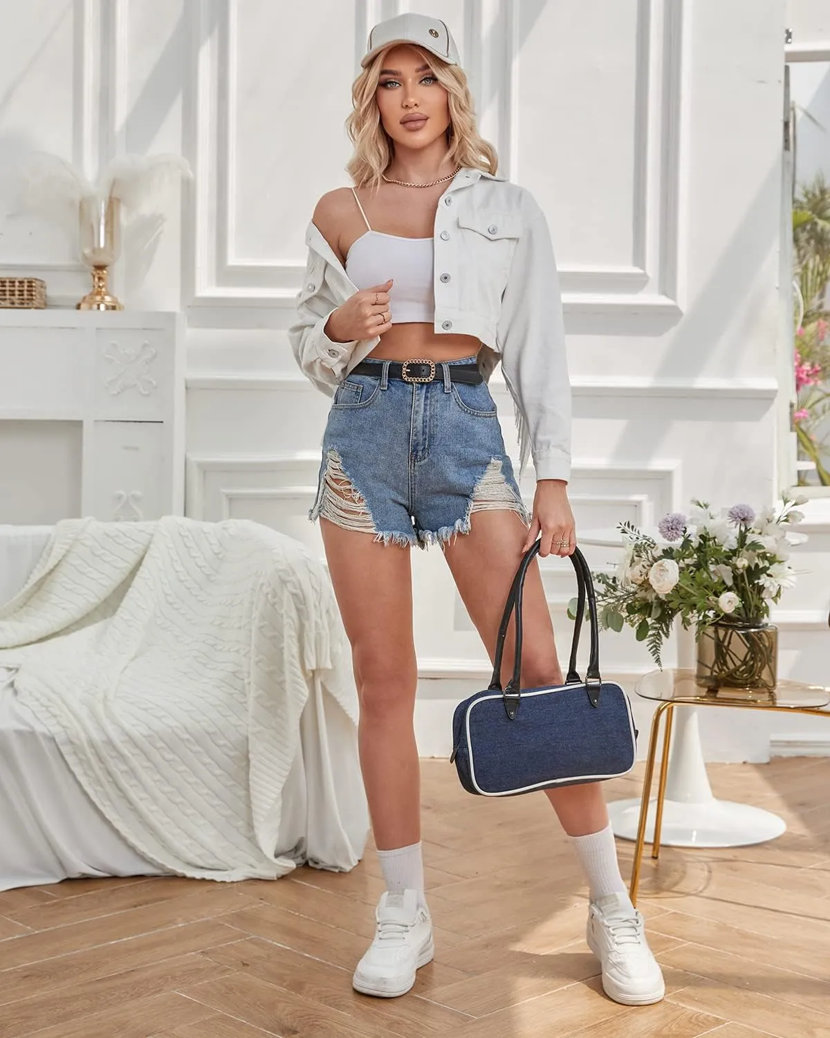 Women's White Fringe Denim Jacket CroppedJean Coat
