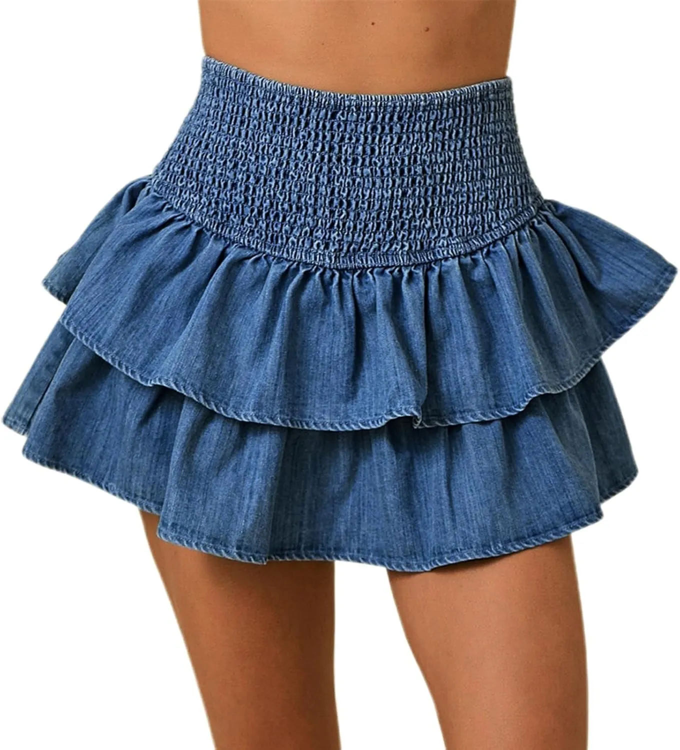 Womens Y2K Shirred Denim Mini Skirt High Rise Ruffled Tiered Layer Short Jean Skirts Smocked A Line Pleated Skirts