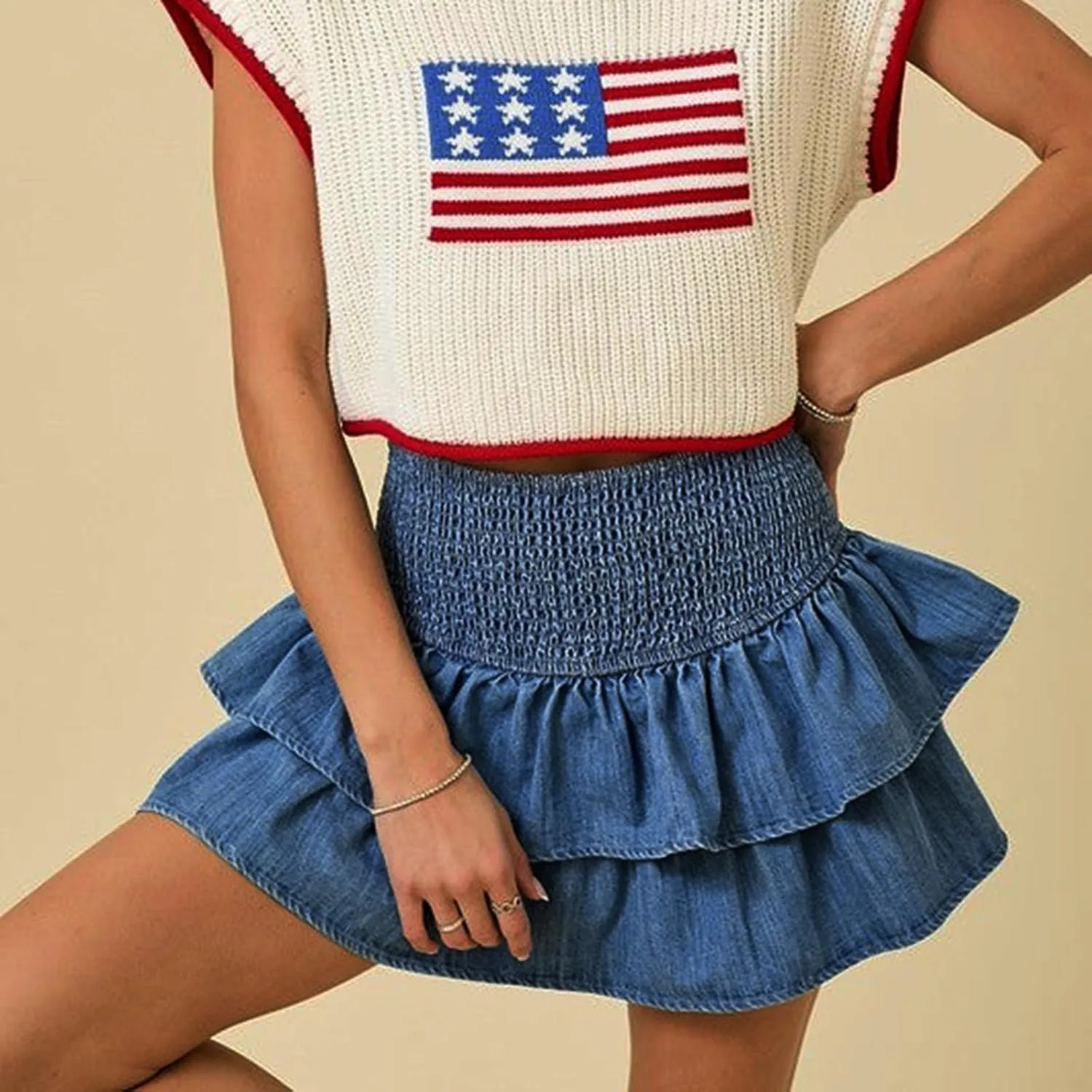 Womens Y2K Shirred Denim Mini Skirt High Rise Ruffled Tiered Layer Short Jean Skirts Smocked A Line Pleated Skirts