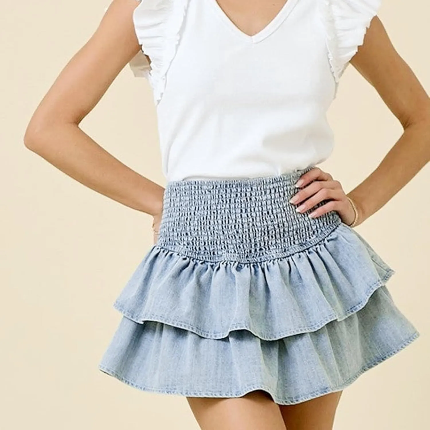 Womens Y2K Shirred Denim Mini Skirt High Rise Ruffled Tiered Layer Short Jean Skirts Smocked A Line Pleated Skirts