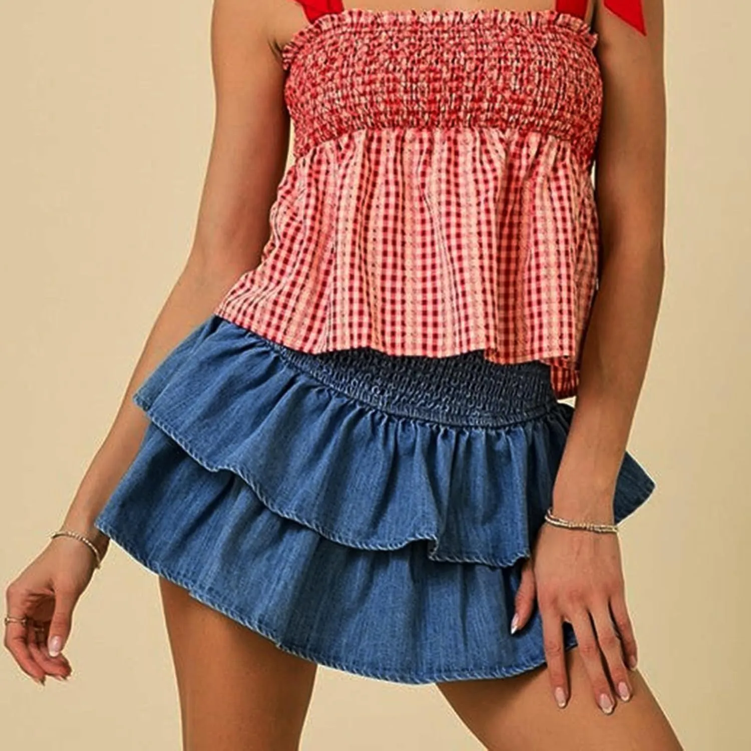 Womens Y2K Shirred Denim Mini Skirt High Rise Ruffled Tiered Layer Short Jean Skirts Smocked A Line Pleated Skirts