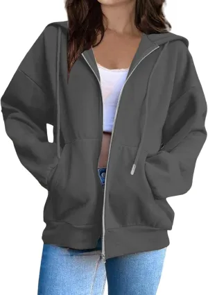 Womens Zip Up Hoodies Casual Long Sleeve Sweatershirts Oversized Drawstring Jackets with Pockets