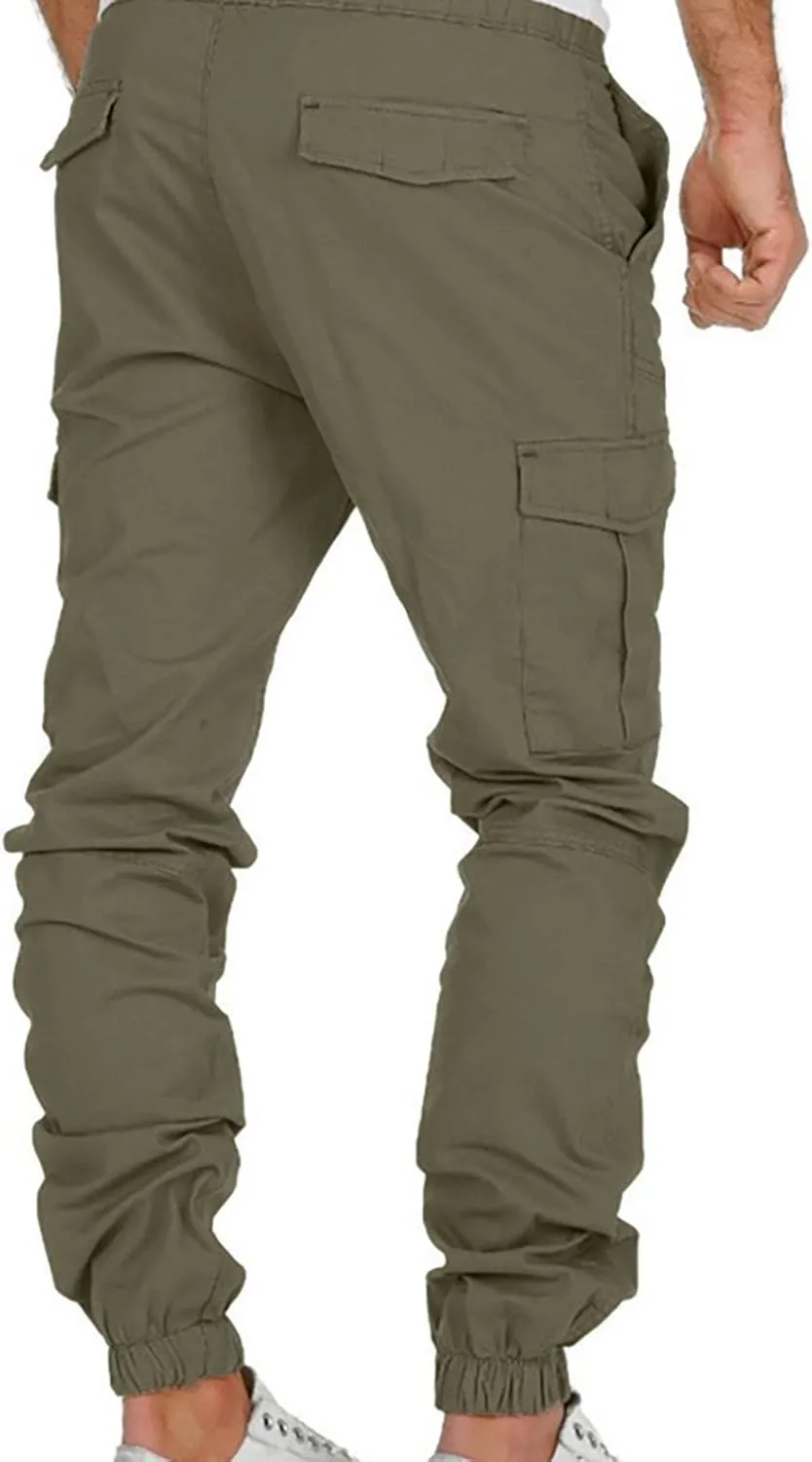 WUAI-Men Fashion Slim Fit Jogger Pants Drawstring Stretch Twill Cargo Athletic Workout Chino Utility Combat Pants with Pocket